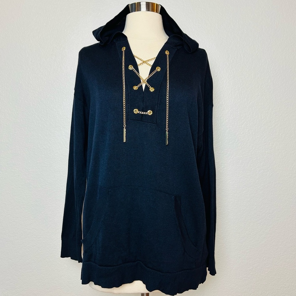 Michael Michael Kors Hooded Sweater Women's S Navy Pocket Gold Chain Lace Up